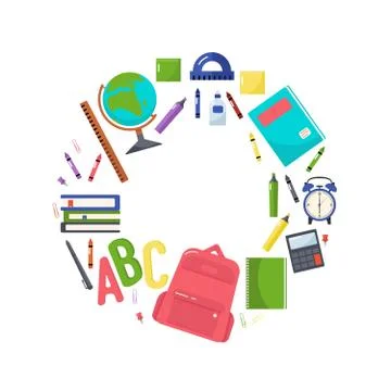 Vector colorful illustration of a school backpack, books, globe, crayons Stock Illustration
