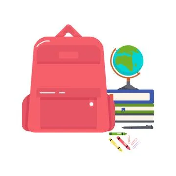 Vector colorful illustration of a school backpack, books, globe, crayons, pen Stock Illustration