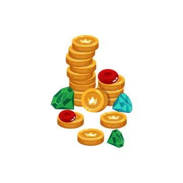 Vector colorful illustration of stack of gold coins with rich gems Stock Illustration