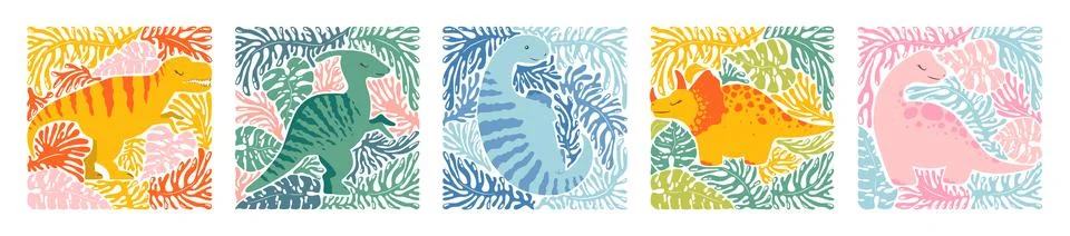 Vector colorful illustrations set with cute cartoon dinosaurs, abstract bra.. Stock Illustration