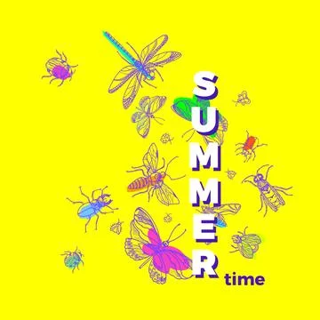 Vector colorful insects. Butterfly, bug, bee, dragonfly. Trendy hand drawn st Stock Illustration