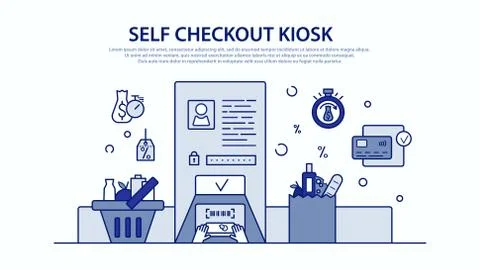Vector colorful instruction for self checkout kiosk at the grocery shop Stock Illustration