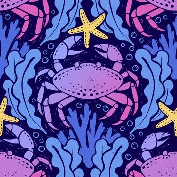 Vector Colorful ombre gradient Crabs, Starfish, Seaweed in Underwater Scene Stock Illustration