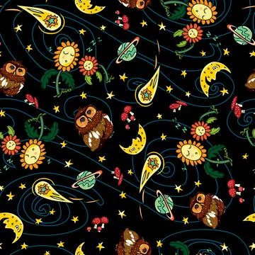 Vector colorful owl comet and moon repeat pattern with black background. Suit Illustrazione stock