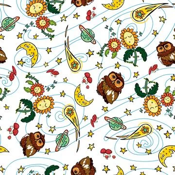 Vector colorful owl comet and moon repeat pattern with white background. Suit Stock Illustration