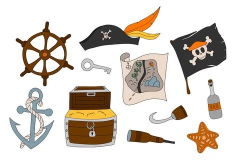 Vector colorful pirate bundle with isolated elements. イラスト素材