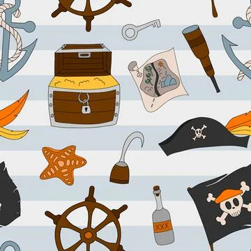 Vector colorful pirate seamless pattern with nautical theme Stock Illustration