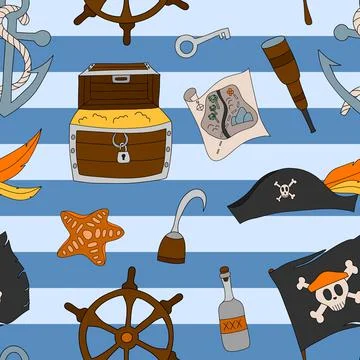 Vector colorful pirate seamless pattern with nautical theme Stock Illustration