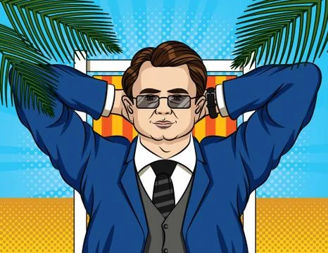Vector colorful pop art comic style illustration of a businessman relaxing on Stock Illustration