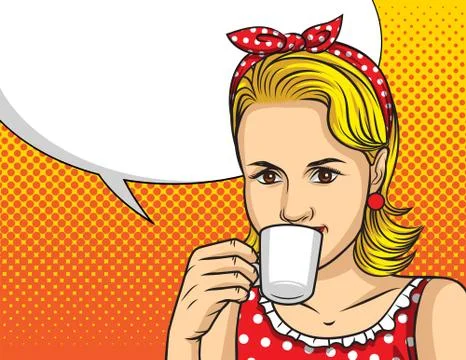 Vector colorful pop art comic style illustration of a pretty woman in red dre Stock Illustration