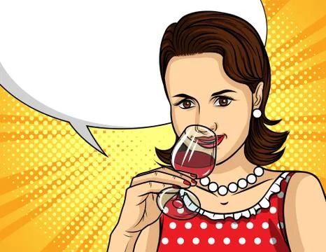 Vector colorful pop art comic style illustration of a pretty woman in red dre Stock Illustration