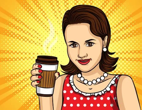 Vector colorful pop art comic style illustration of a pretty woman in red dre Stock Illustration
