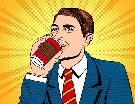 Vector colorful pop art comic style illustration of a businessman in drinking Stock Illustration