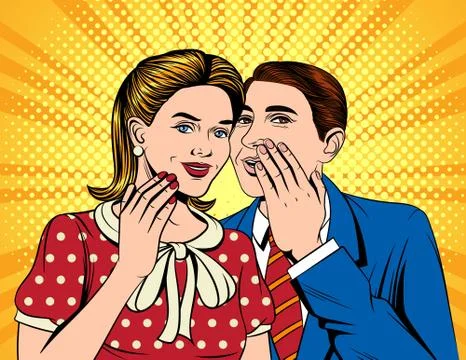 Vector colorful pop art comic style illustration of a man telling a secret to Stock Illustration