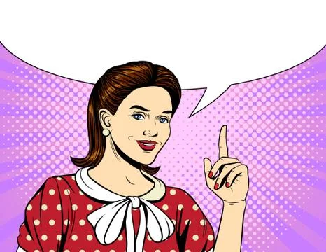 Vector colorful pop art comic style illustration of a young woman pointing fi Stock Illustration