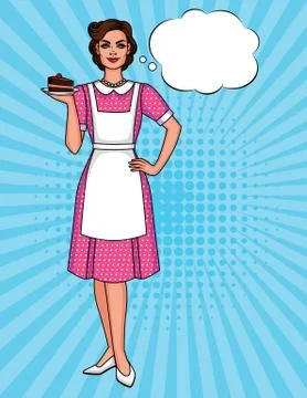 Vector colorful pop art comic style illustration of a pretty woman in apron w Stock Illustration