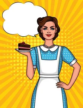 Vector colorful pop art comic style illustration of a pretty woman in apron w Stock Illustration
