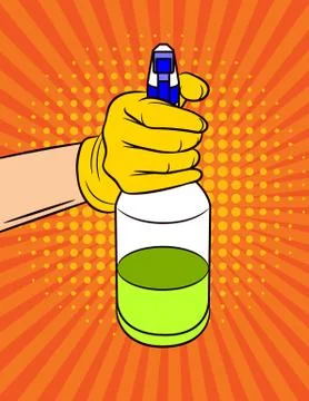 Vector colorful pop art comic style illustration of a hand keep a spray for c Stock Illustration