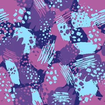 Vector colorful seamless pattern with brush strokes and dots. Pink blue violet Stock Illustration