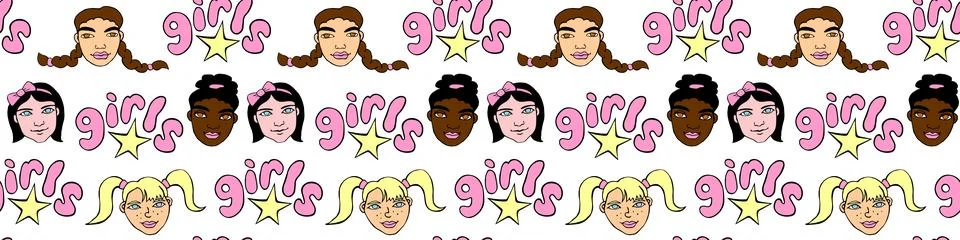 Vector colorful seamless pattern with cartoon faces, heads of women, girls. F Illustrazione stock