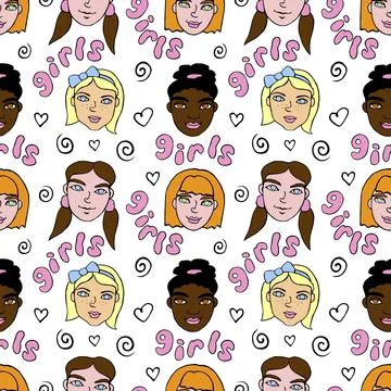 Vector colorful seamless pattern with cartoon faces, heads of women, girls. F Stock Illustration