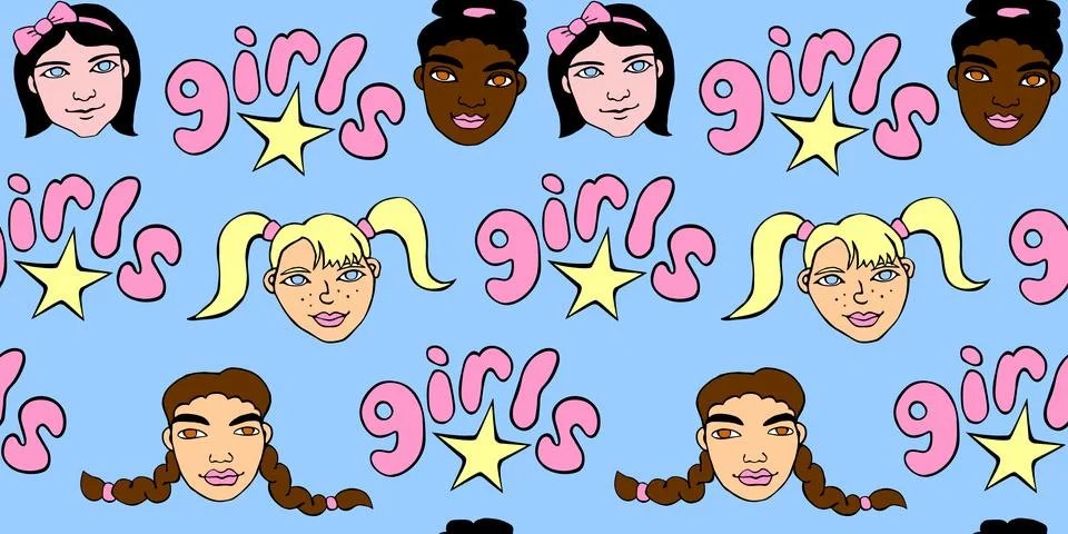 Vector colorful seamless pattern with cartoon faces, heads of women, girls. F Stock Illustration