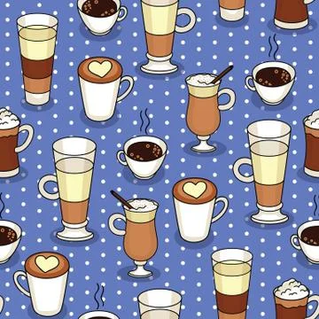 Vector colorful seamless pattern of different types coffee drinks. Wallpaper  Stock Illustration