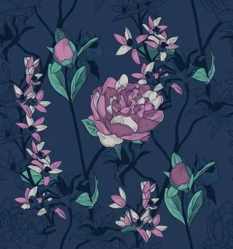 Vector Colorful Seamless Pattern with Drawn Flowers Stock Illustration