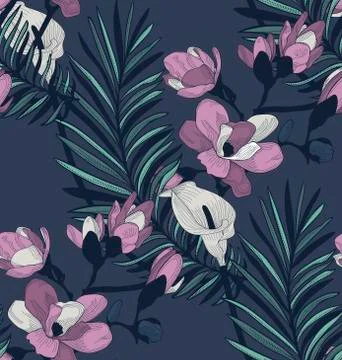 Vector Colorful Seamless Pattern with Drawn Flowers Stock Illustration