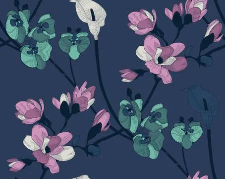 Vector Colorful Seamless Pattern with Drawn Flowers Stock Illustration