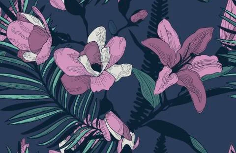 Vector Colorful Seamless Pattern with Drawn Flowers Stock Illustration