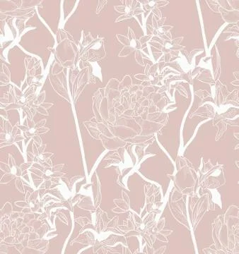 Vector Colorful Seamless Pattern with Drawn Flowers Stock Illustration