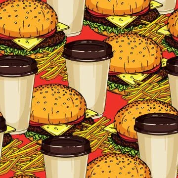 Vector colorful seamless pattern of a fast food and drink isolated from red b Stock Illustration
