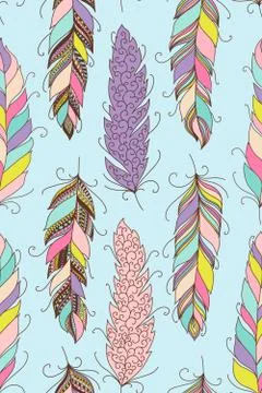 Vector colorful seamless pattern. Hand-drawn background with feathers Stock Illustration