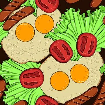 Vector colorful seamless pattern of healthy delicious breakfast. Design wallp Stock Illustration