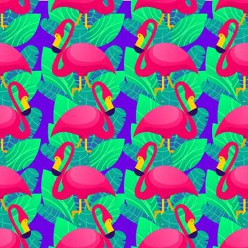 Vector colorful seamless pattern with pink flamingo and green tropical leaves Illustrazione stock