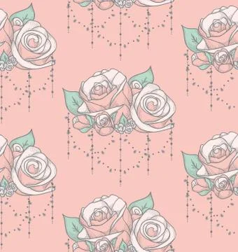 Vector Colorful Seamless Pattern with Roses with Beads Stock Illustration