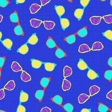 Vector colorful seamless retro pattern with sunglasses, fashion style 80 - 90s Stock Illustration