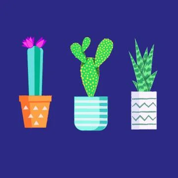Vector colorful set of flat drawn cactus with a pot. Fashion print of boho st Stock Illustration