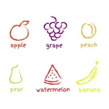 Vector colorful set of hand drawn symbols Apple, Grape, Peach, Pear, Watermel Illustration