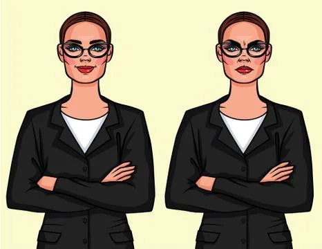 Vector colorful set of two different opposite emotions women in glasses with  Stock Illustration