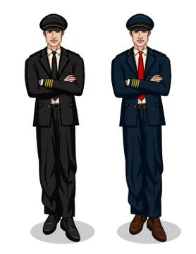 Vector colorful set with two smiling pilots standing with crossed hands in fu Stock Illustration