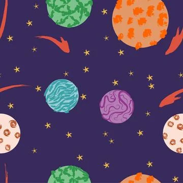 Vector colorful space seamless pattern with planets, comets, constellations a Illustrazione stock