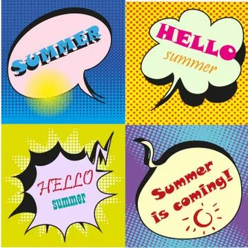 Vector colorful speech bubbles with text. hello summer Stock Illustration