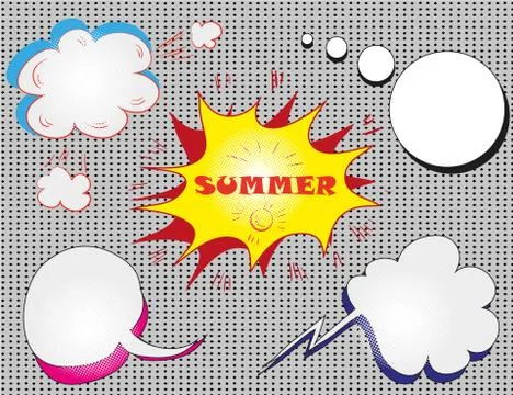 Vector colorful speech bubbles with text. hello summer Stock Illustration