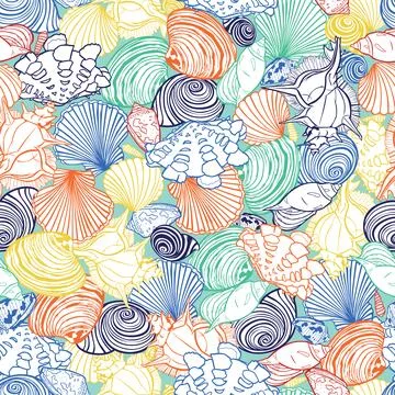 Vector colorful tropical repeat pattern with variety of overlaping seashells. Stock Illustration