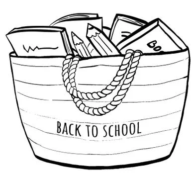 Vector coloring Bag with notebooks, books, pencils and text back to school Stock Illustration