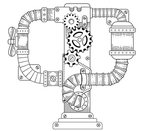 Vector coloring book for adults. Steampunk Cyrillic letter. Mechanical alphabet Stock Illustration