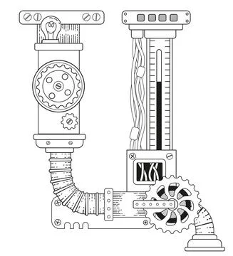 Vector coloring book for adults. Steampunk Cyrillic letter. Mechanical alphabet Stock Illustration
