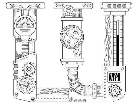 Vector coloring book for adults. Steampunk Cyrillic letter. Mechanical alphabet Stock Illustration